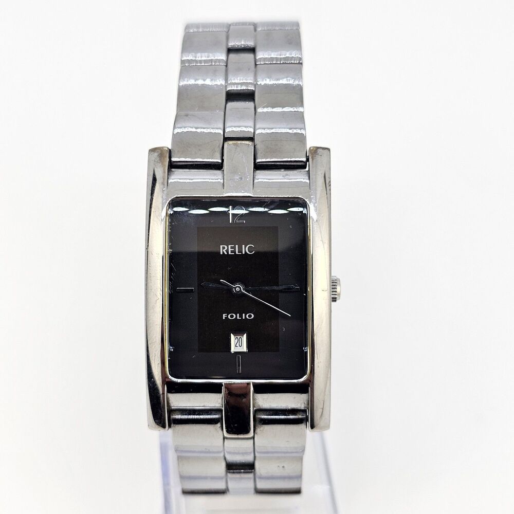 Relic Tank Watch Men 27MM Black Dial Date Gray Bracelet Band 7.5" New Battery